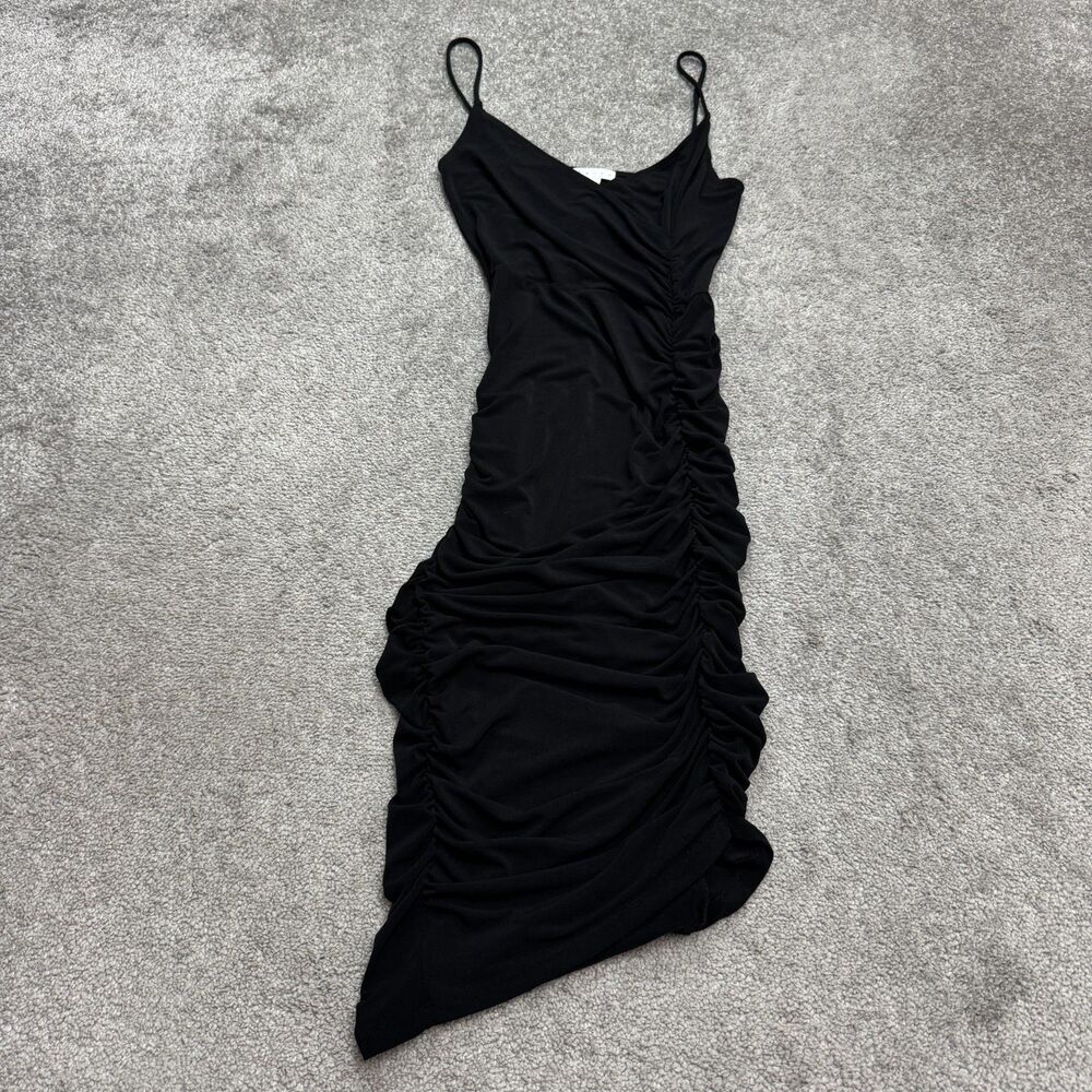 Leith Bodycon Asymmetrical Ruched Slip Dress Womens XS Black Spaghetti Stretch